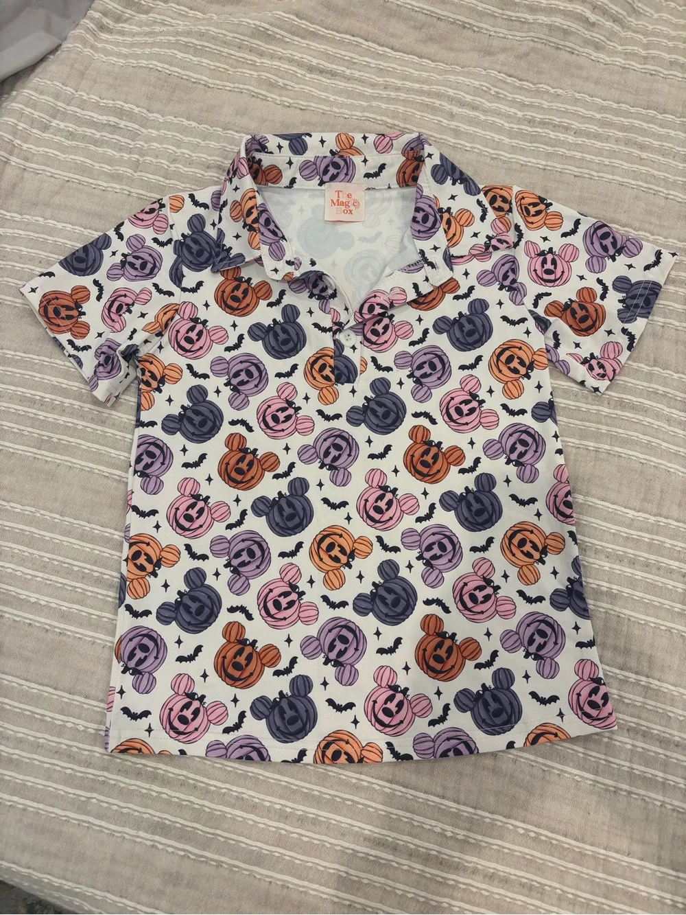Kids' Halloween Polo in White with Orange, Purple & Pink Pumpkins